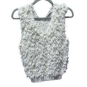 Vintage Y2K Hand Knit White Fringe Loop Yarn‎ Sweater Vest Taiwan S Grandmacore